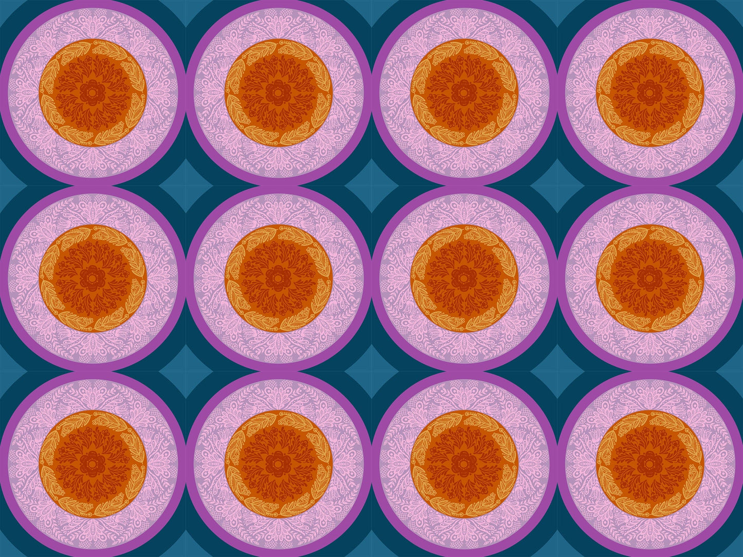 A closeup shot of the quilting fabric pattern called Doily, designed by Anna Maria Parry, in the amber colorway. The SKU is AMT138-82L.