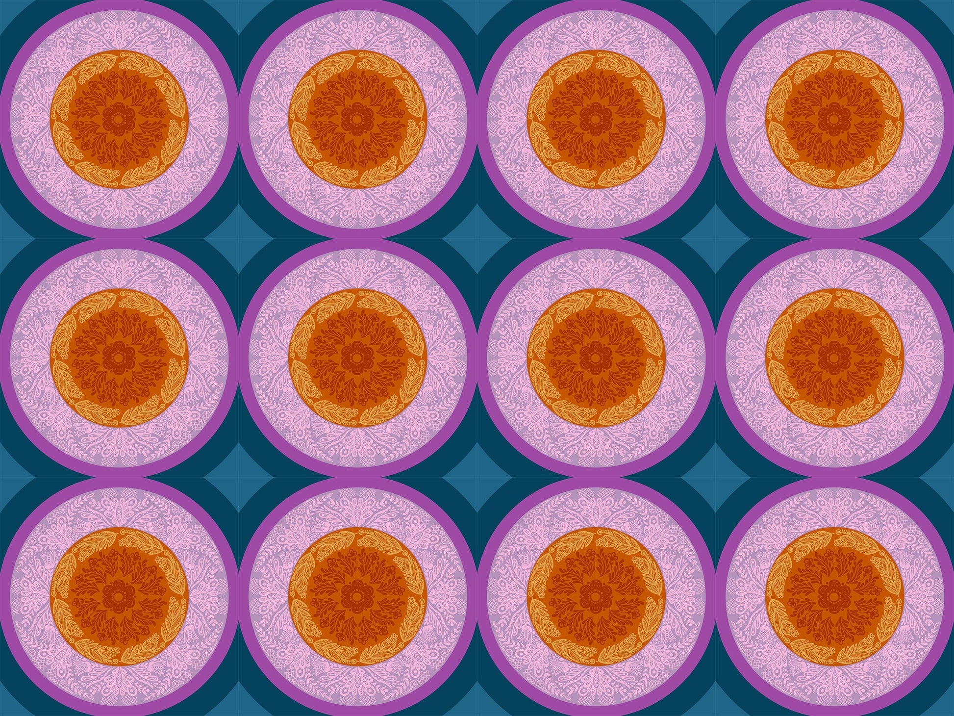 A closeup shot of the quilting fabric pattern called Doily, designed by Anna Maria Parry, in the amber colorway. The SKU is AMT138-82L.