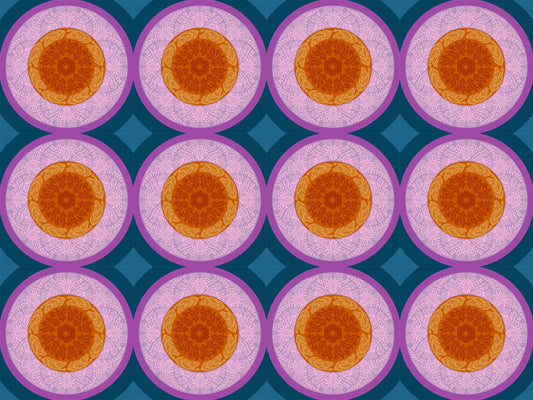 A closeup shot of the quilting fabric pattern called Doily, designed by Anna Maria Parry, in the amber colorway. The SKU is AMT138-82L.