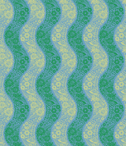 A closeup shot of the quilting fabric pattern called Village Path, designed by Anna Maria Horner, in the sea colorway. The SKU is AMT139-64C.