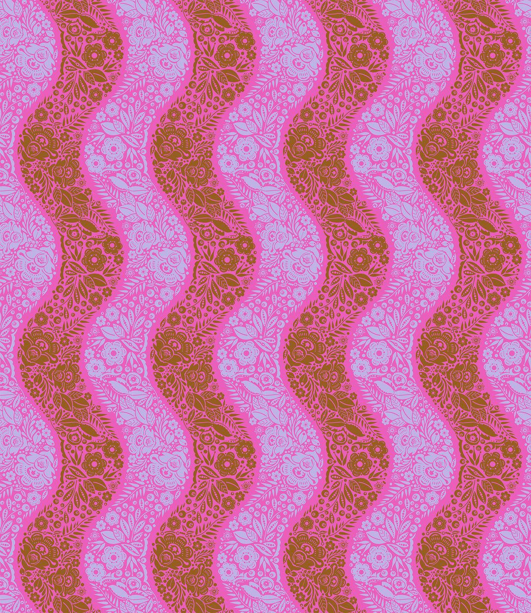A closeup shot of the quilting fabric pattern called Village Path, designed by Anna Maria Parry, in the raspberry colorway. The SKU is AMT139-84V.