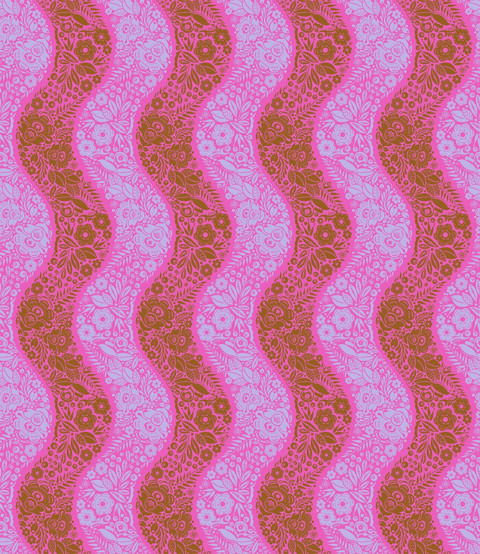 A closeup shot of the quilting fabric pattern called Village Path, designed by Anna Maria Parry, in the raspberry colorway. The SKU is AMT139-84V.