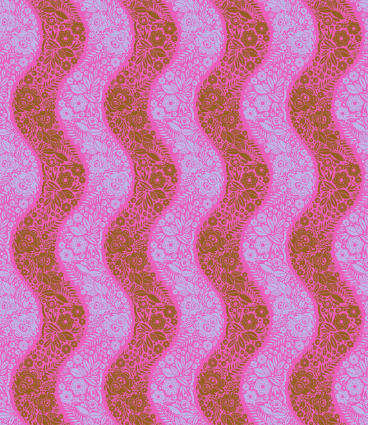 A closeup shot of the quilting fabric pattern called Village Path, designed by Anna Maria Parry, in the raspberry colorway. The SKU is AMT139-84V.