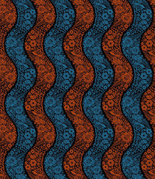 A closeup shot of the quilting fabric pattern called Village Path, designed by Anna Maria Parry, in the night colorway. The SKU is AMT139-99L.