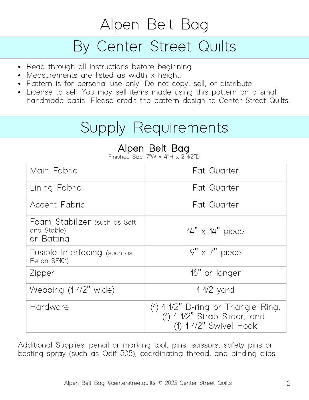 Center Street Quilts - Alpen Belt Bag Pattern - CSQ-ALPBB