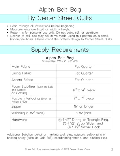 Center Street Quilts - Alpen Belt Bag Pattern - CEN103