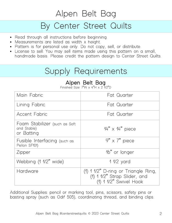 Center Street Quilts - Alpen Belt Bag Pattern - CSQ-ALPBB