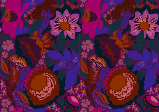 A closeup shot of the quilting fabric pattern called Shadows, designed by Anna Maria Horner, in the plum colorway. The SKU is BAMT134-84.