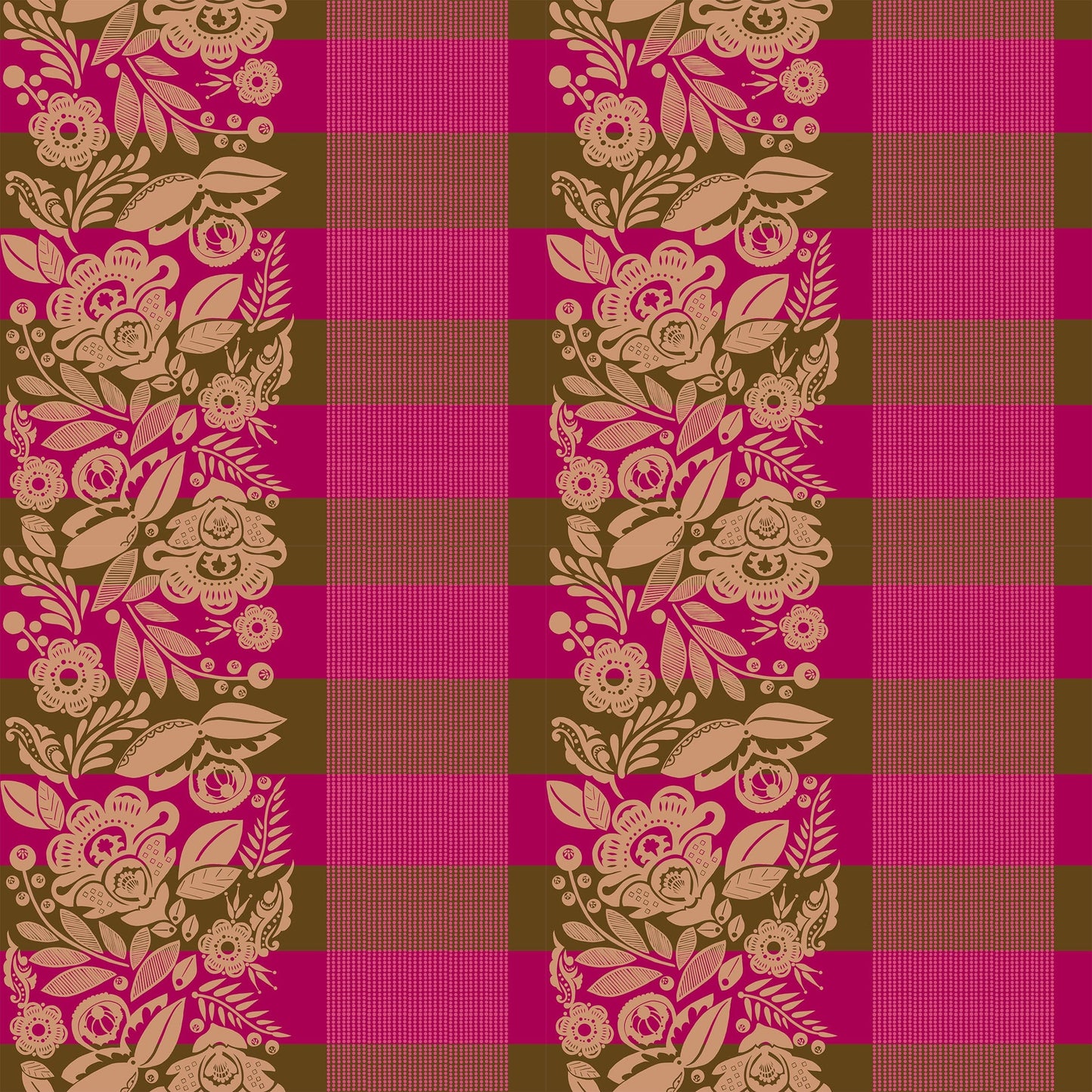 A closeup shot of the quilting fabric pattern called Festival, designed by Anna Maria Parry, in the coffee colorway. The SKU is BAMT141-38.