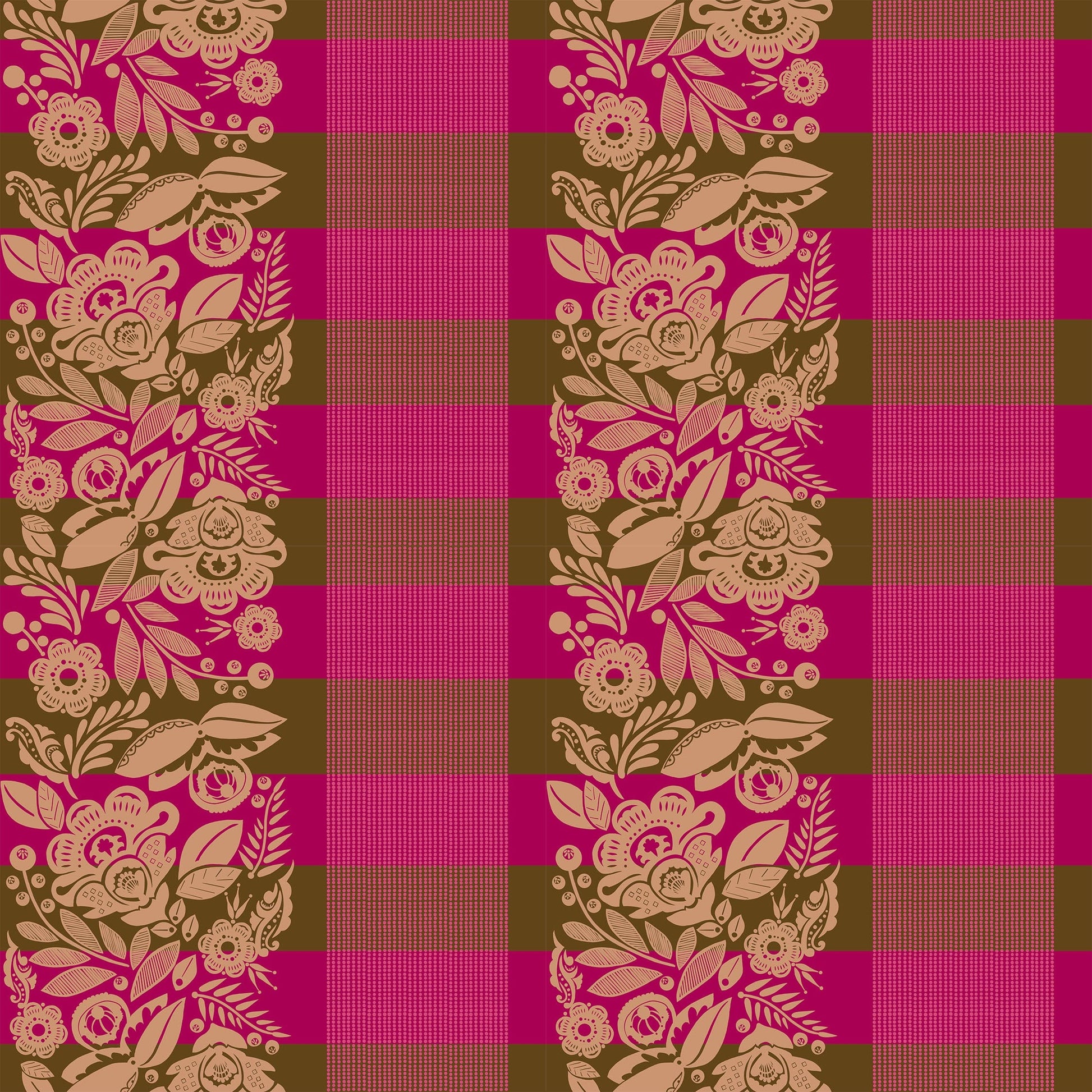 A closeup shot of the quilting fabric pattern called Festival, designed by Anna Maria Parry, in the coffee colorway. The SKU is BAMT141-38.