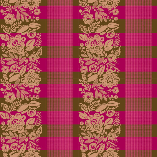 A closeup shot of the quilting fabric pattern called Festival, designed by Anna Maria Parry, in the coffee colorway. The SKU is BAMT141-38.