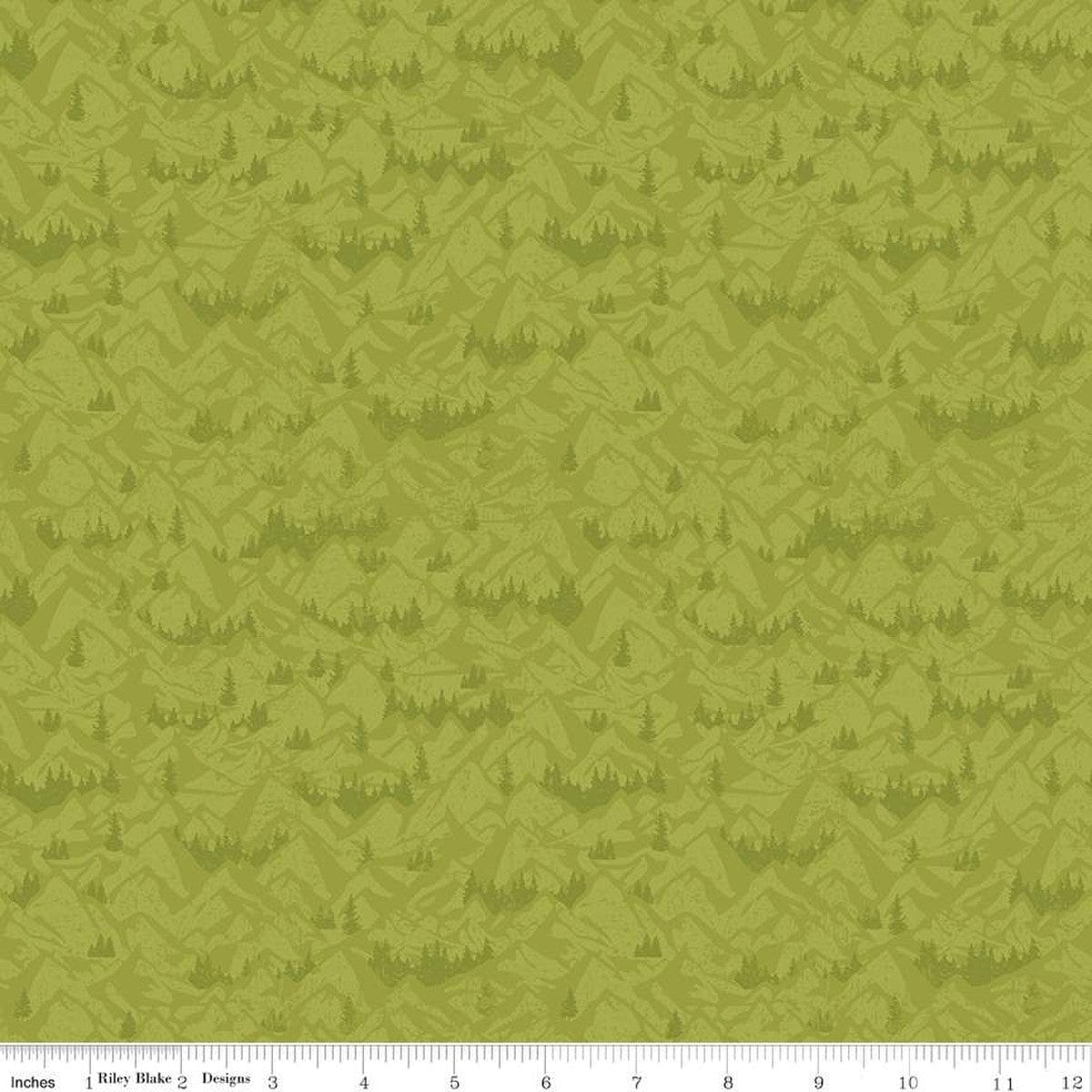 Cotton quilting fabric pattern called 'Mountains in Lime'. Part of the 'Legends of the National Parks' fabric collection. Designed by Anderson Design Group for fabric company Riley Blake. SKU: C13284-LIME. 44-45 inch width.