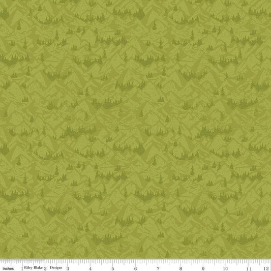 Cotton quilting fabric pattern called 'Mountains in Lime'. Part of the 'Legends of the National Parks' fabric collection. Designed by Anderson Design Group for fabric company Riley Blake. SKU: C13284-LIME. 44-45 inch width.