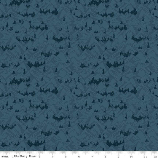 Cotton quilting fabric pattern called 'Mountains in Navy'. Part of the 'Legends of the National Parks' fabric collection. Designed by Anderson Design Group for fabric company Riley Blake. SKU: C13284-NAVY. 44-45 inch width.