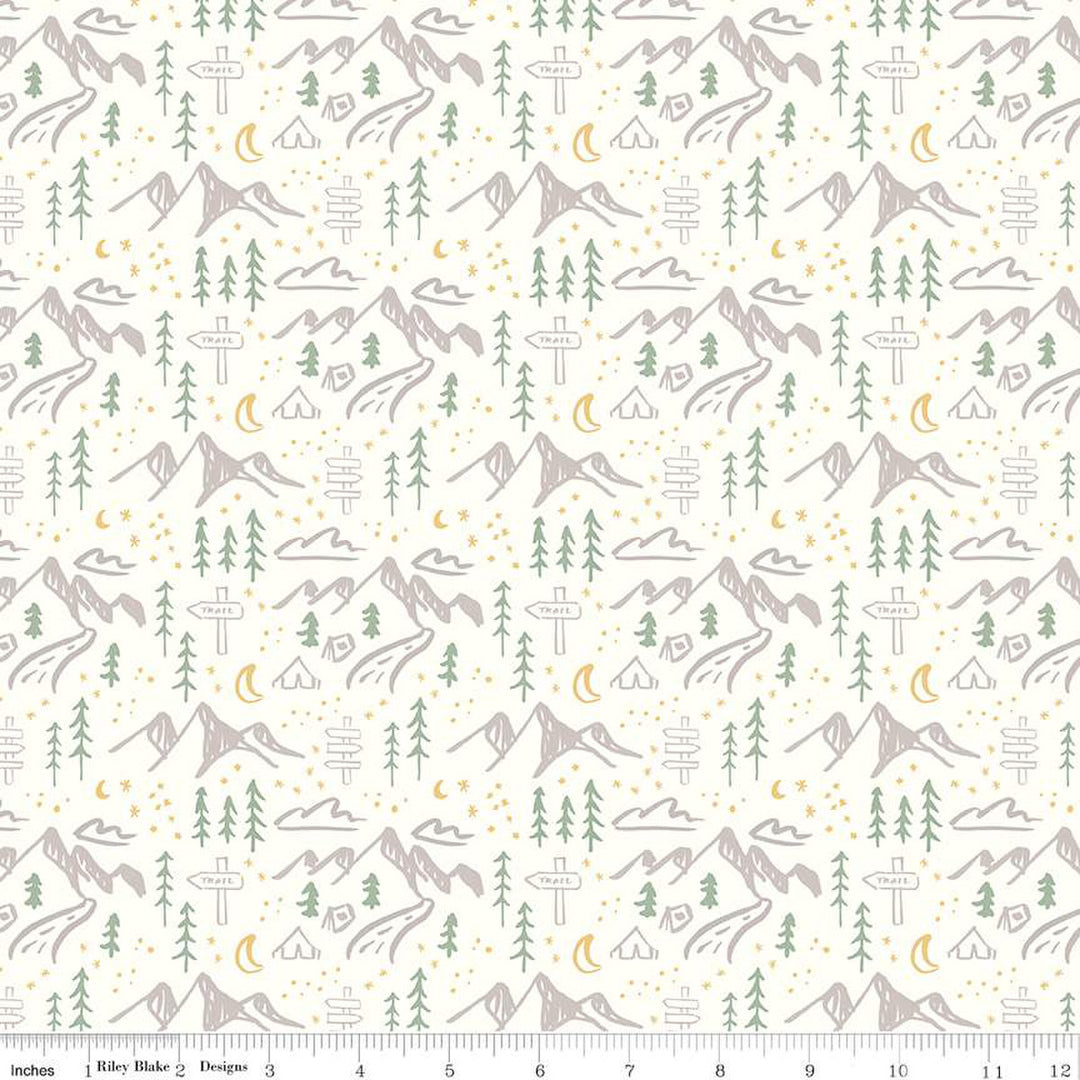 Cotton quilting fabric pattern called 'Mountains in Cream'. Part of the 'Albion' fabric collection. Designed by Amy Smart for fabric company Riley Blake. SKU: C14592-CREAM. 44-45 inch width.