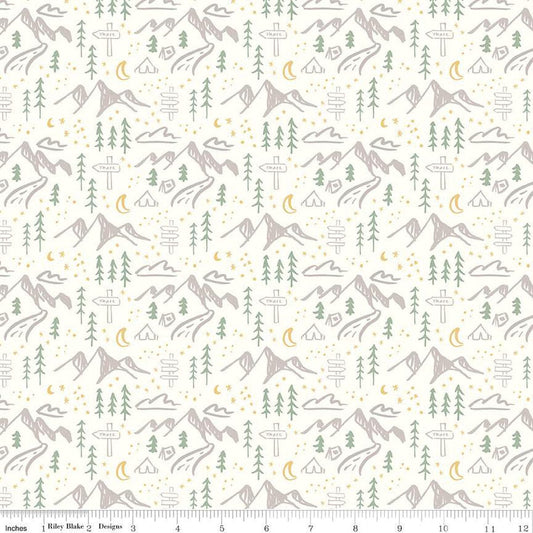 Cotton quilting fabric pattern called 'Mountains in Cream'. Part of the 'Albion' fabric collection. Designed by Amy Smart for fabric company Riley Blake. SKU: C14592-CREAM. 44-45 inch width.