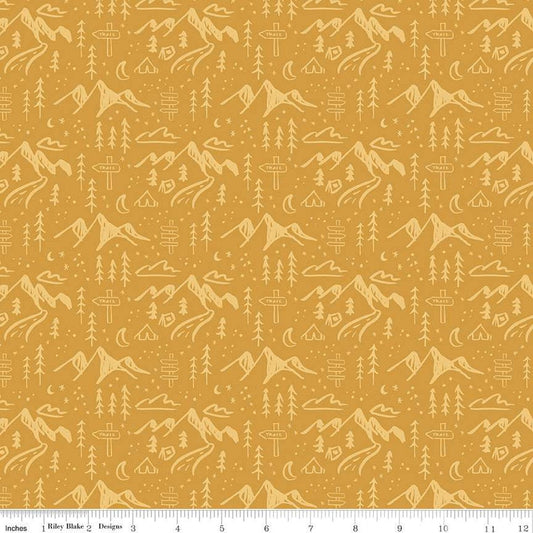 Cotton quilting fabric pattern called 'Mountains in Gold'. Part of the 'Albion' fabric collection. Designed by Amy Smart for fabric company Riley Blake. SKU: C14592-GOLD. 44-45 inch width.