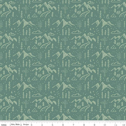 Cotton quilting fabric pattern called 'Mountains in Green'. Part of the 'Albion' fabric collection. Designed by Amy Smart for fabric company Riley Blake. SKU: C14592-GREEN. 44-45 inch width.