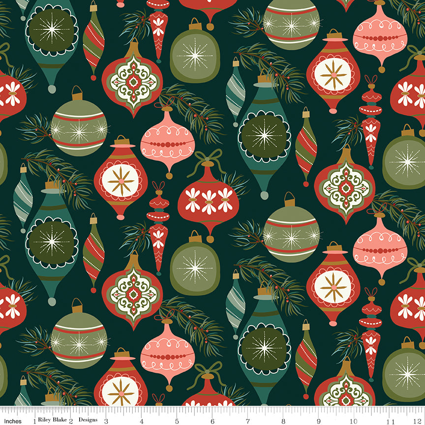 Cotton quilting fabric pattern called 'Ornaments in Forest'. Part of the 'Christmas is in Town' fabric collection. Designed by Sandy Gervais for fabric company Riley Blake. SKU: C14741-FOREST. 44-45 inch width.