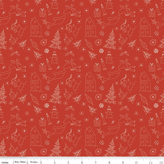 Cotton quilting fabric pattern called 'Doodles in Red'. Part of the 'Christmas is in Town' fabric collection. Designed by Sandy Gervais for fabric company Riley Blake. SKU: C14742-RED. 44-45 inch width.