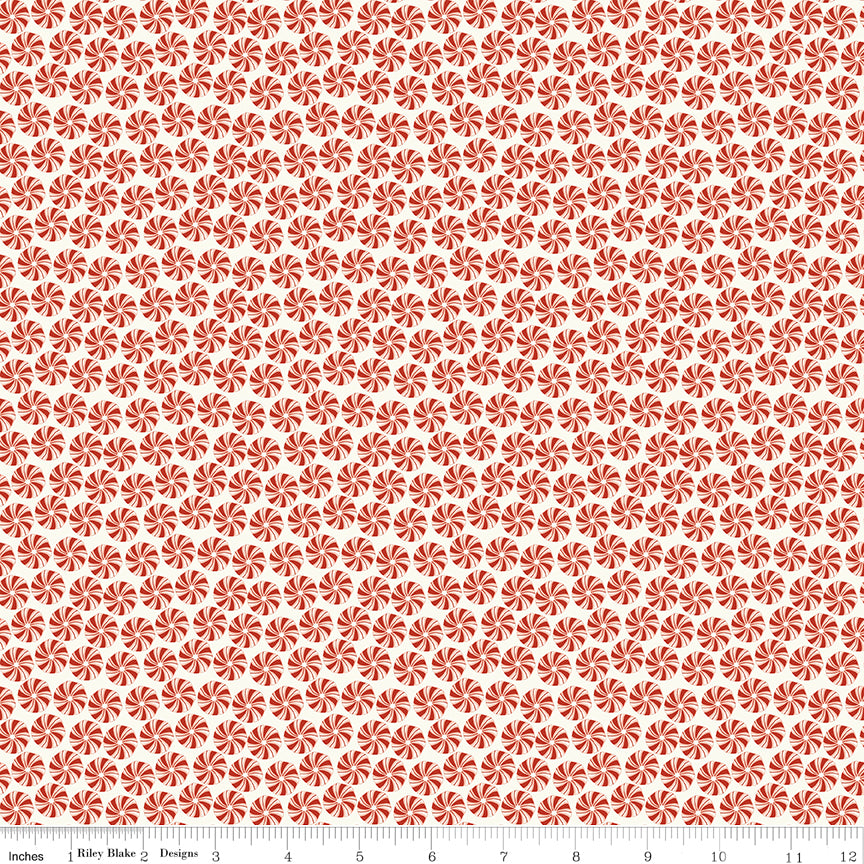 Cotton quilting fabric pattern called 'Peppermints in Cream'. Part of the 'Christmas is in Town' fabric collection. Designed by Sandy Gervais for fabric company Riley Blake. SKU: C14743-CREAM. 44-45 inch width.