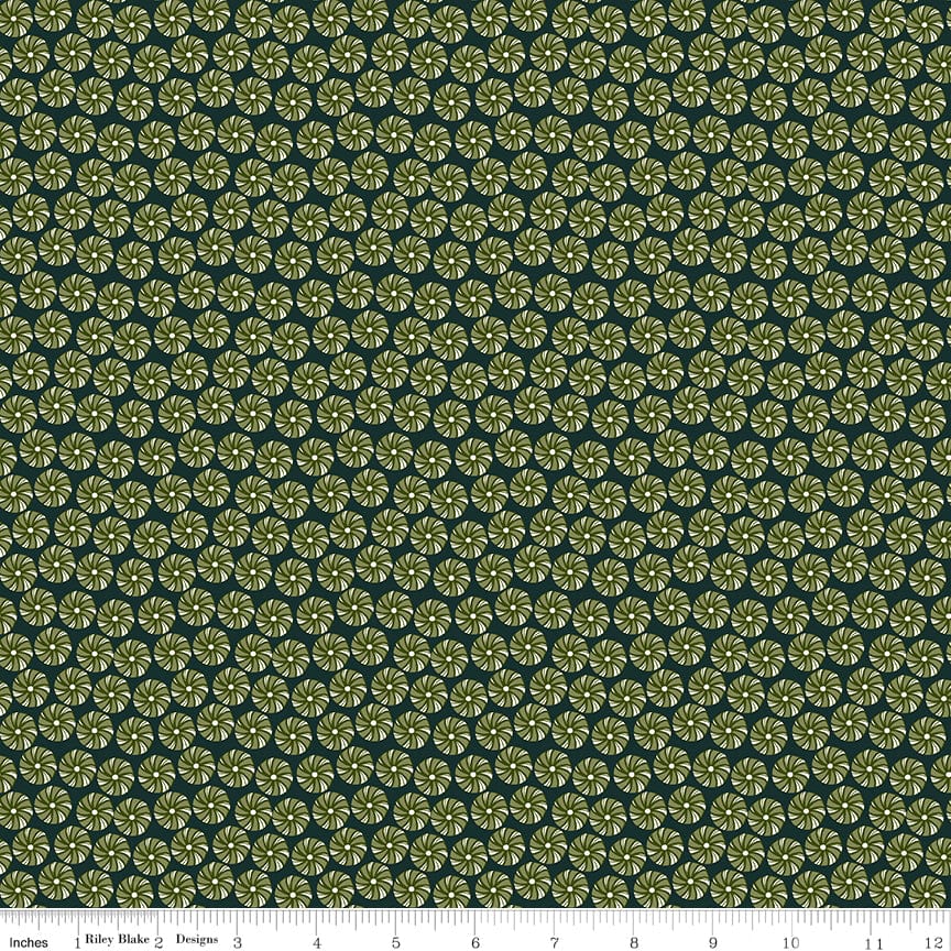 Cotton quilting fabric pattern called 'Peppermints in Forest'. Part of the 'Christmas is in Town' fabric collection. Designed by Sandy Gervais for fabric company Riley Blake. SKU: C14743-FOREST. 44-45 inch width.