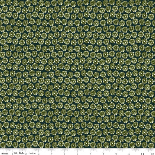Cotton quilting fabric pattern called 'Peppermints in Forest'. Part of the 'Christmas is in Town' fabric collection. Designed by Sandy Gervais for fabric company Riley Blake. SKU: C14743-FOREST. 44-45 inch width.
