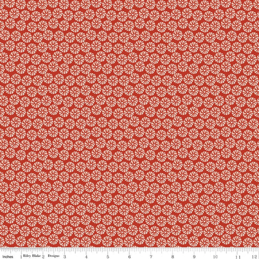 Cotton quilting fabric pattern called 'Peppermints in Red'. Part of the 'Christmas is in Town' fabric collection. Designed by Sandy Gervais for fabric company Riley Blake. SKU: C14743-RED. 44-45 inch width.