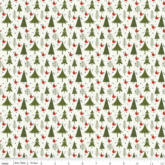 Cotton quilting fabric pattern called 'Trees in Cream'. Part of the 'Christmas is in Town' fabric collection. Designed by Sandy Gervais for fabric company Riley Blake. SKU: C14744-CREAM. 44-45 inch width.