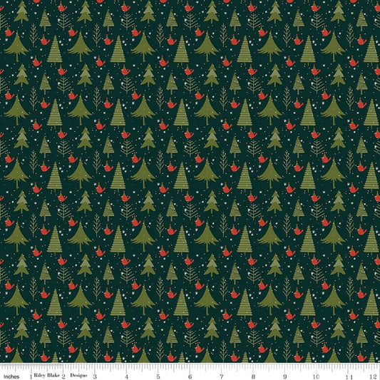 Cotton quilting fabric pattern called 'Trees in Forest'. Part of the 'Christmas is in Town' fabric collection. Designed by Sandy Gervais for fabric company Riley Blake. SKU: C14744-FOREST. 44-45 inch width.