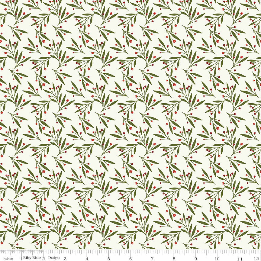 Cotton quilting fabric pattern called 'Mistletoe in Cream'. Part of the 'Christmas is in Town' fabric collection. Designed by Sandy Gervais for fabric company Riley Blake. SKU: C14745-CREAM. 44-45 inch width.