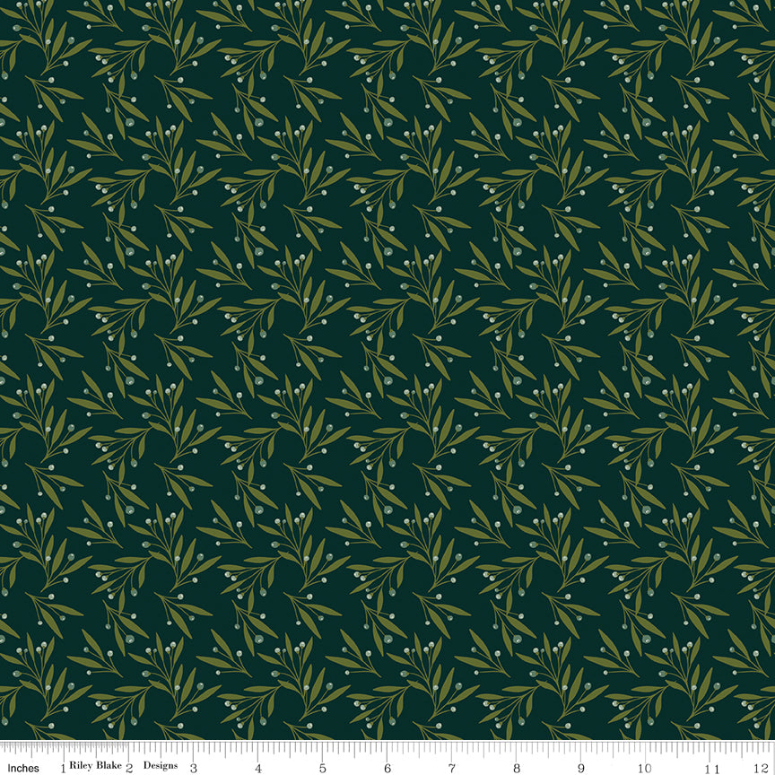 Cotton quilting fabric pattern called 'Mistletoe in Forest'. Part of the 'Christmas is in Town' fabric collection. Designed by Sandy Gervais for fabric company Riley Blake. SKU: C14745-FOREST. 44-45 inch width.