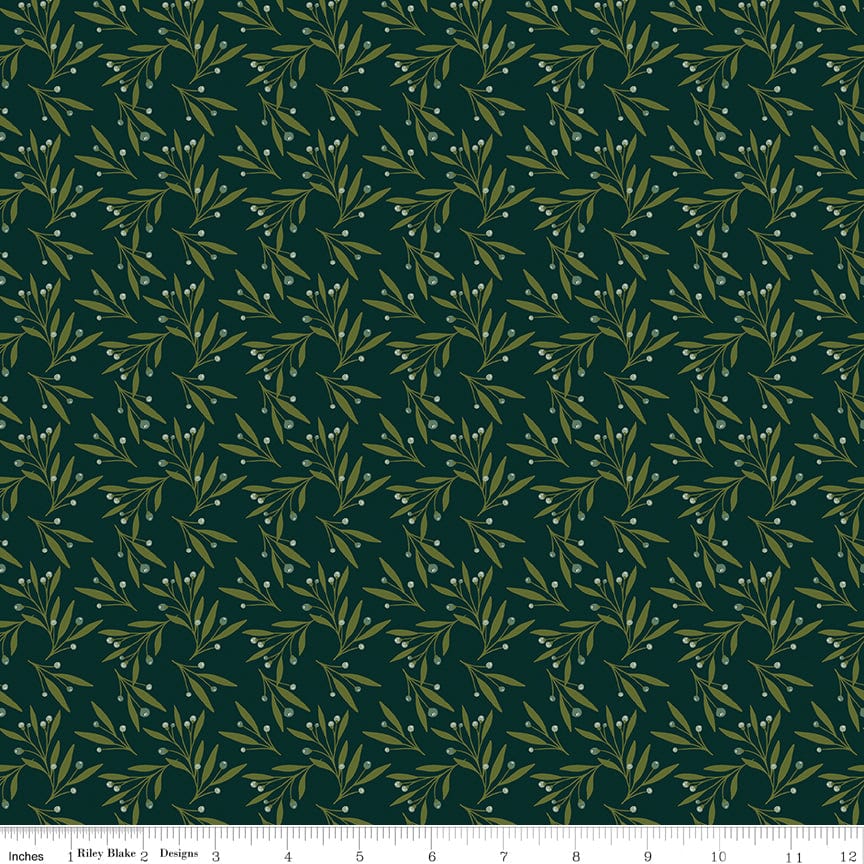 Cotton quilting fabric pattern called 'Mistletoe in Forest'. Part of the 'Christmas is in Town' fabric collection. Designed by Sandy Gervais for fabric company Riley Blake. SKU: C14745-FOREST. 44-45 inch width.