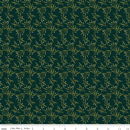Cotton quilting fabric pattern called 'Mistletoe in Forest'. Part of the 'Christmas is in Town' fabric collection. Designed by Sandy Gervais for fabric company Riley Blake. SKU: C14745-FOREST. 44-45 inch width.