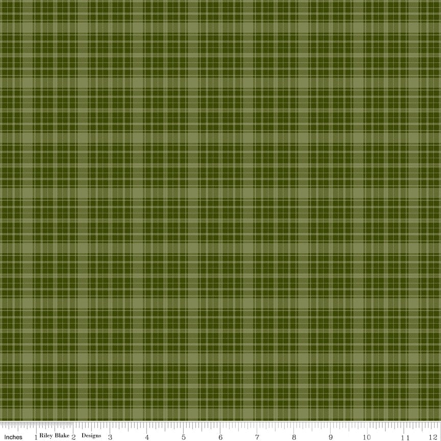 Cotton quilting fabric pattern called 'Plaid in Green'. Part of the 'Christmas is in Town' fabric collection. Designed by Sandy Gervais for fabric company Riley Blake. SKU: C14746-GREEN. 44-45 inch width.