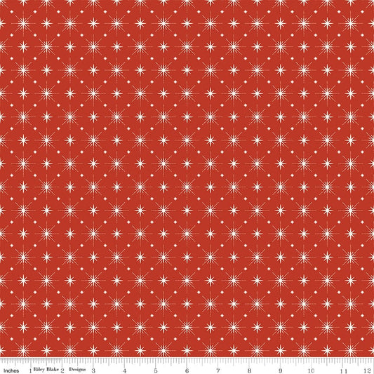 Cotton quilting fabric pattern called 'Stars in Red'. Part of the 'Christmas is in Town' fabric collection. Designed by Sandy Gervais for fabric company Riley Blake. SKU: C14747-RED. 44-45 inch width.