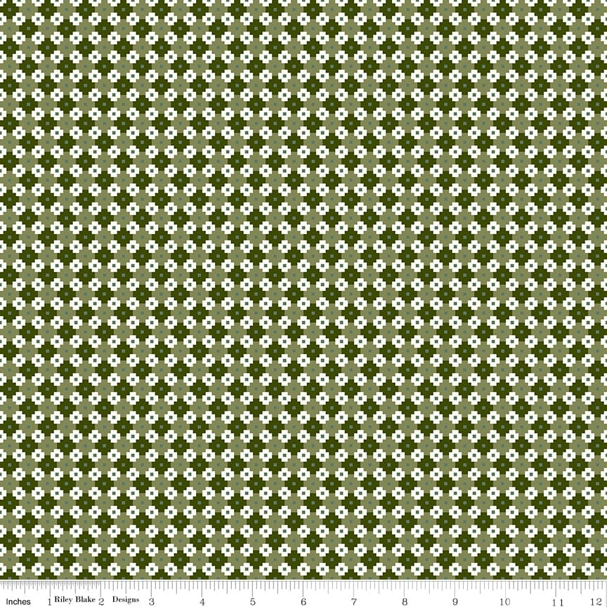 Cotton quilting fabric pattern called 'Geo in Green'. Part of the 'Christmas is in Town' fabric collection. Designed by Sandy Gervais for fabric company Riley Blake. SKU: C14748-GREEN. 44-45 inch width.