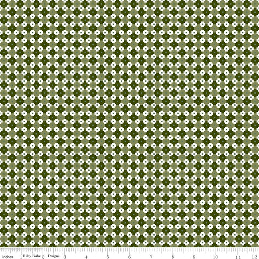 Cotton quilting fabric pattern called 'Geo in Green'. Part of the 'Christmas is in Town' fabric collection. Designed by Sandy Gervais for fabric company Riley Blake. SKU: C14748-GREEN. 44-45 inch width.