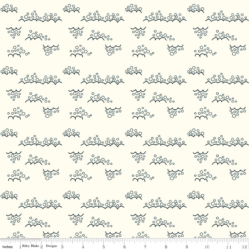 Cotton quilting fabric pattern called 'Snowballs in Cream'. Part of the 'Christmas is in Town' fabric collection. Designed by Sandy Gervais for fabric company Riley Blake. SKU: C14749-CREAM. 44-45 inch width.