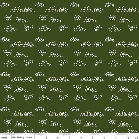 Cotton quilting fabric pattern called 'Snowballs in Dark Green'. Part of the 'Christmas is in Town' fabric collection. Designed by Sandy Gervais for fabric company Riley Blake. SKU: C14749-DKGREEN. 44-45 inch width.