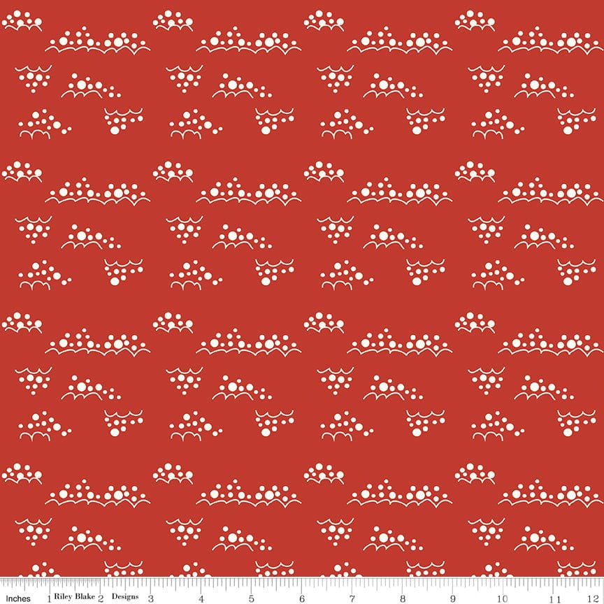 Cotton quilting fabric pattern called 'Snowballs in Red'. Part of the 'Christmas is in Town' fabric collection. Designed by Sandy Gervais for fabric company Riley Blake. SKU: C14749-RED. 44-45 inch width.