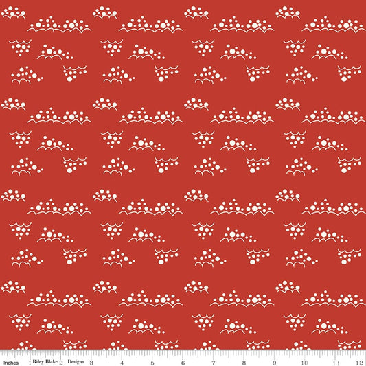Cotton quilting fabric pattern called 'Snowballs in Red'. Part of the 'Christmas is in Town' fabric collection. Designed by Sandy Gervais for fabric company Riley Blake. SKU: C14749-RED. 44-45 inch width.