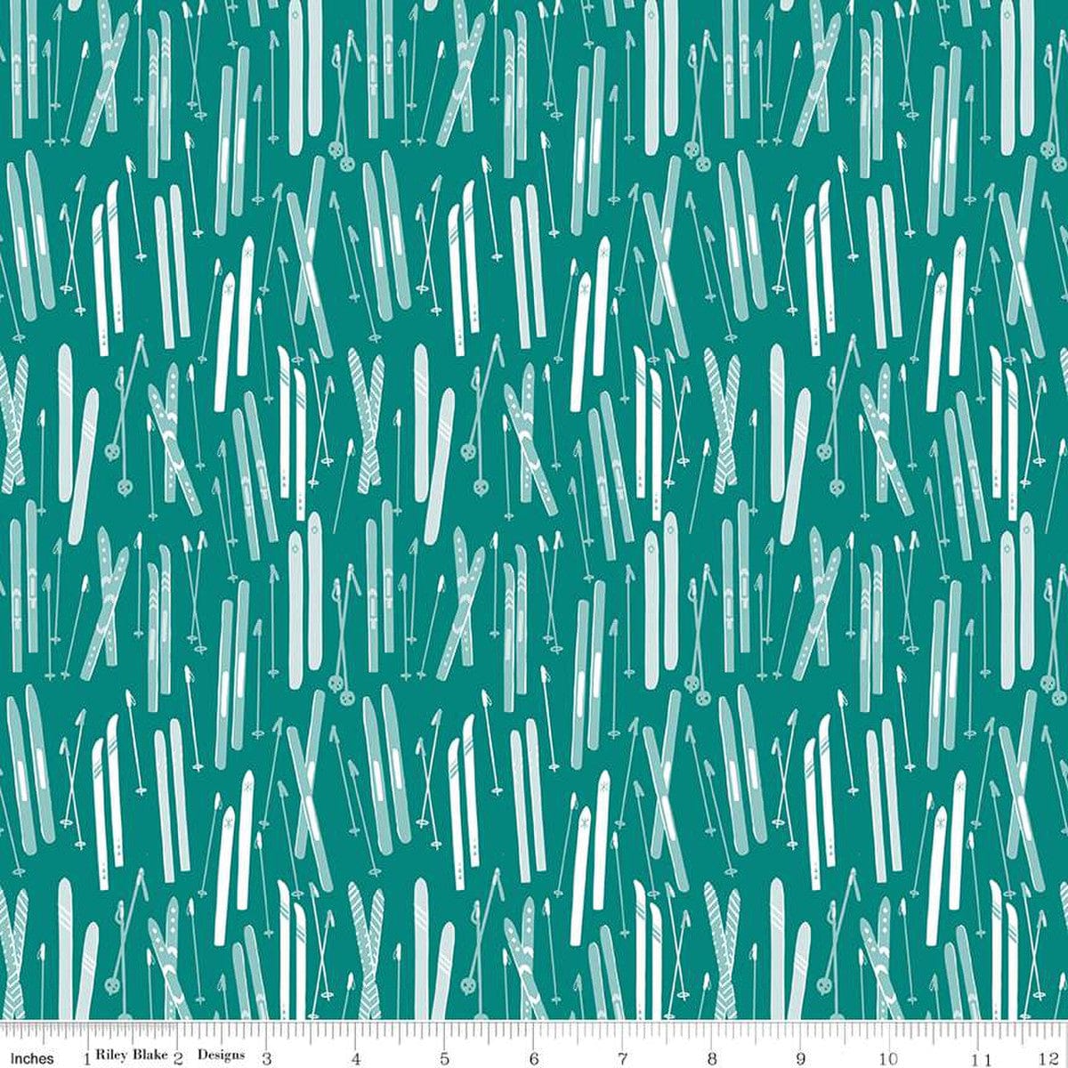 Cotton quilting fabric pattern called 'Skis in Teal'. Part of the 'Ski Hill' fabric collection. Designed by Corinne Wells for fabric company Riley Blake. SKU: C14771-TEAL . 44-45 inch width.