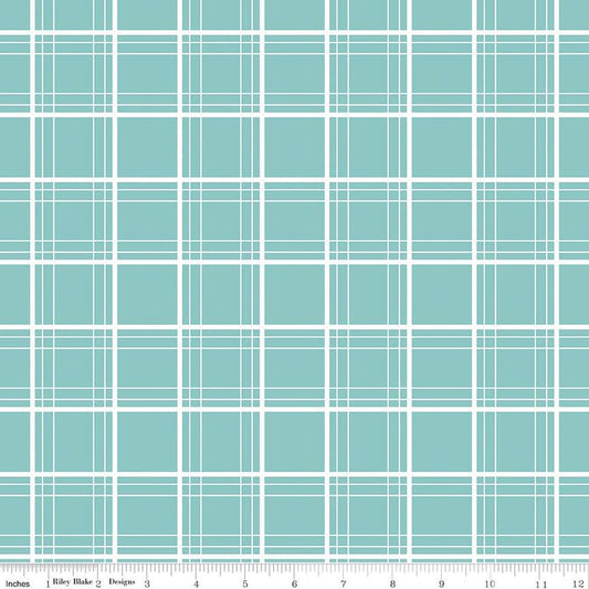 Cotton quilting fabric pattern called 'Ski Tracks in Aqua'. Part of the 'Ski Hill' fabric collection. Designed by Corinne Wells for fabric company Riley Blake. SKU: C14775-AQUA. 44-45 inch width.