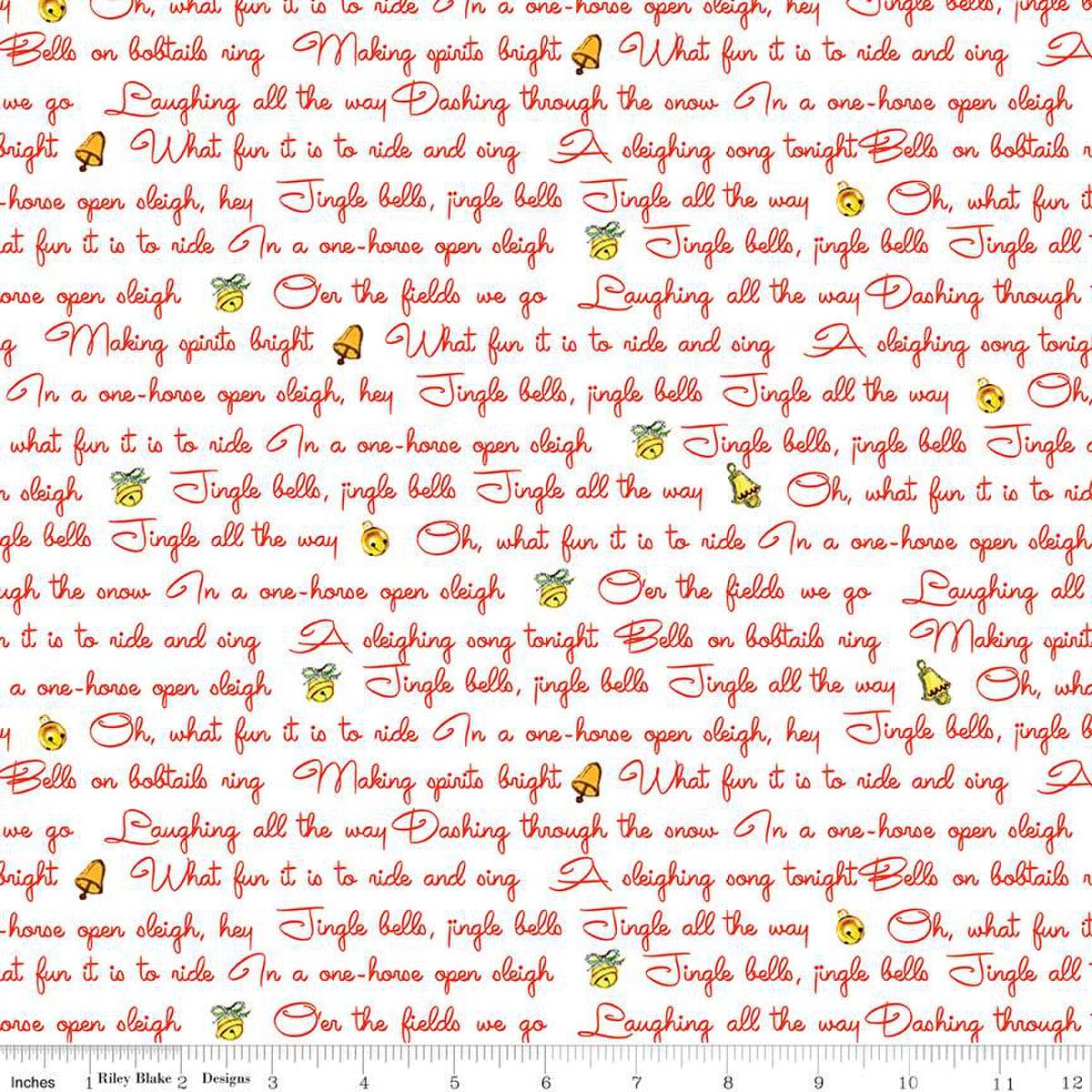 Cotton quilting fabric pattern called 'Lyrics in White'. Part of the 'Merry Little Christmas' fabric collection. Designed by Lindsay Wilkes for fabric company Riley Blake. SKU: C14832-WHITE. 44-45 inch width.