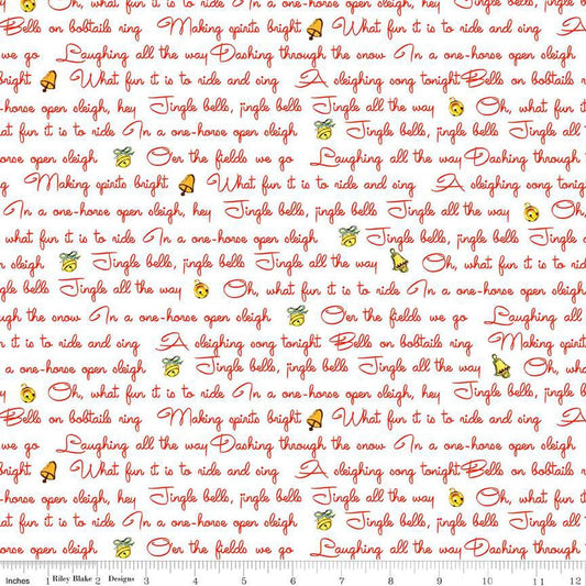 Cotton quilting fabric pattern called 'Lyrics in White'. Part of the 'Merry Little Christmas' fabric collection. Designed by Lindsay Wilkes for fabric company Riley Blake. SKU: C14832-WHITE. 44-45 inch width.