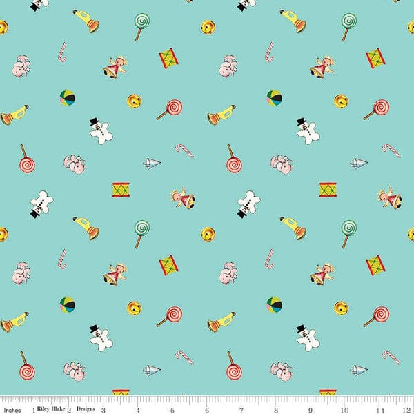 Cotton quilting fabric pattern called 'Toys in Aqua'. Part of the 'Merry Little Christmas' fabric collection. Designed by Lindsay Wilkes for fabric company Riley Blake. SKU: C14833-AQUA. 44-45 inch width.