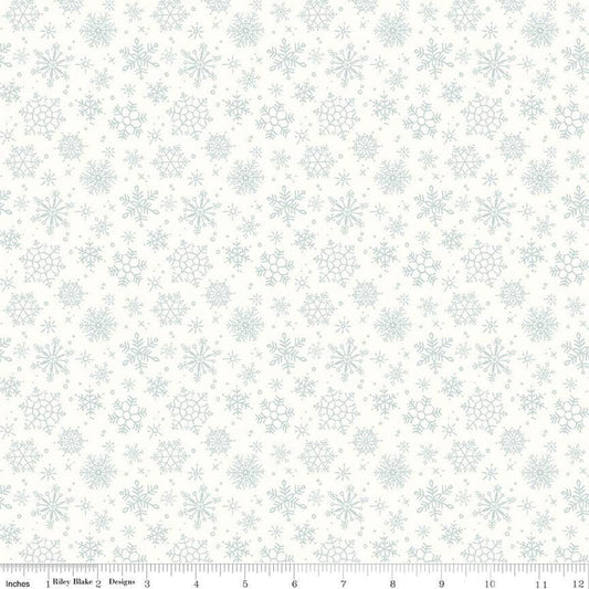 Cotton quilting fabric pattern called 'Snowflake in Snow'. Part of the 'Magical Winterland' fabric collection. Designed by Lisa Audit for fabric company Riley Blake. SKU: C14944-SNOW. 44-45 inch width.
