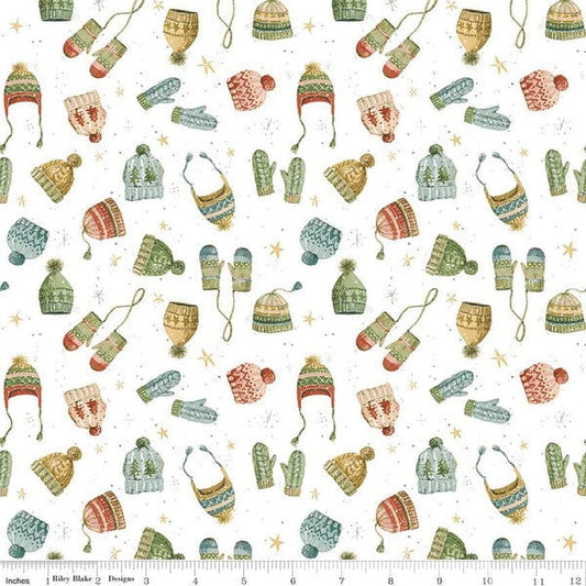 Cotton quilting fabric pattern called 'Knitwear in Snow'. Part of the 'Magical Winterland' fabric collection. Designed by Lisa Audit for fabric company Riley Blake. SKU: C14945-SNOW. 44-45 inch width.