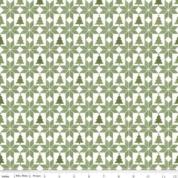 Cotton quilting fabric pattern called 'Patchwork in Green'. Part of the 'Magical Winterland' fabric collection. Designed by Lisa Audit for fabric company Riley Blake. SKU: C14946-GREEN. 44-45 inch width.